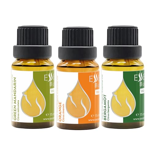 Set 'Cítricos' Aceites Esenciales Orgánicos | Naranja + Mandarina Verde + Bergamota | 100% Puros y Naturales | Sin Diluir | Grado Terapéutico | Sin OMG | (3 unidades x 15 ml)