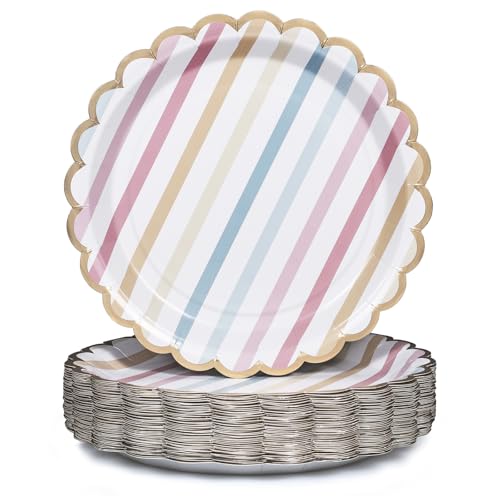 Image of Party Paper Plates, 50-Pack 9-Inch Bulk Disposable Decorative Paper Plates with Gold Scalloped Trim, Pastel Colors for Tea Party, Easter, Garden Party, and Bridal Showers, Gilded Candy Stripes
