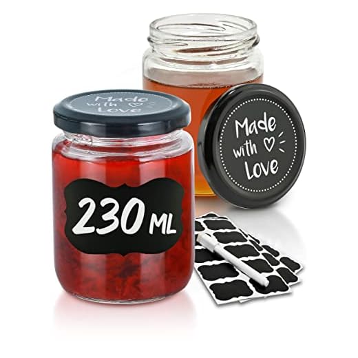 Praknu 25 Marmeladengläser Klein 230 ml mit Deckel - Einmachgläser mit Schraubdeckel, Etiketten & Stift - Luftdichte Einweckgläser - Spülmaschinenfeste Schraubgläser - Kleine Einkochgläser