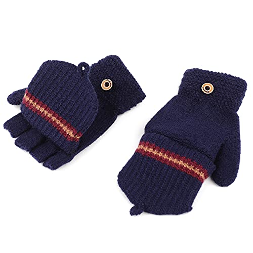 F Flammi Kids Winter Knitted Mitten Gloves Convertible Fingerless Gloves with Cover for Teen Boys Girls Aged 5-10, 2 Pairs4