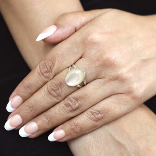 Jeweloporium White Mother Of Pearl Silver Ring Size 8, 925 Sterling Silver Ring for Women, Genuine Chunky Oval Gemstone Handmade Jewelry - 2