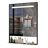 YU YUSING Badspiegel Badezimmerspiegel mit Beleuchtung mit Abnehmbarer Ablage 60x80cm, Wandspiegel LED mit Aluminiumrahmen, Touch-Schalter, 3 Einstellbare Lichtfarben, Anti-Beschlag, Wasserdicht