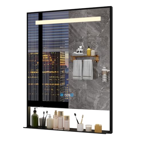 YU YUSING Badspiegel Badezimmerspiegel mit Beleuchtung mit Abnehmbarer Ablage 60x80cm Wandspiegel LED mit Aluminiumrahmen Touch-Schalter 3 Einstellbare Lichtfarben Anti-Beschlag Wasserdicht