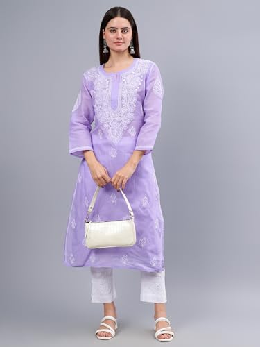 Image of Seva Chikan Hand Embroidered Lucknowi Chikankari Cotton Kurta Kurti for Women SCL4302