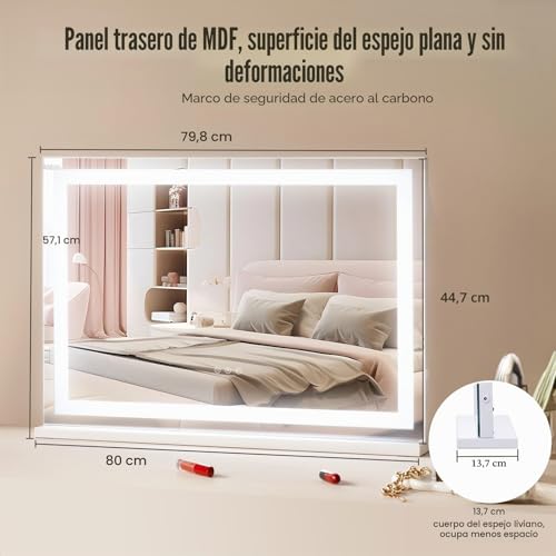 Miniatura 5 de Vevor Gran Espejo De Maquillaje Iluminado Con Tres Modos De Iluminación De Color, Led Luces, Aumento De 5x, Puerto Usb, Control Táctil Inteligente, Montaje En Pared De Escritorio, 800 X 120 X 572 Mm