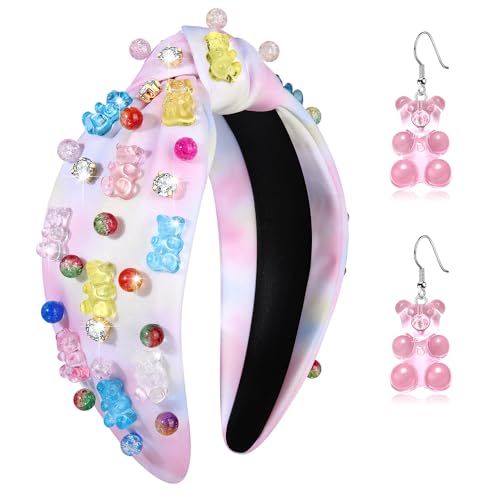HSWE Knotted Headband for Women Gummy Bear Lollipop Candy Crystal Jeweled Embellished Top Knot Hairband Statement Wide Turban Hair Hoop Funny Gifts for Girls Sister Bff Birthday Holiday Party