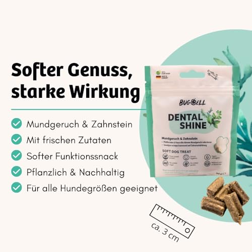 BugBell Dental Sticks für Hunde 60g, Mundgeruch & Zahnstein, Petersilie, Pfefferminze, Natriumhexametaphosphat, Braunalge, Grüner Tee, gemahlen