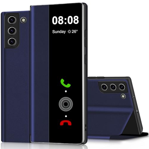 Image of Flip Case for Samsung Galaxy S21 FE Case S View, Clear View Folio PU Leather TPU inner Protective Phone Case, with Kickstand 360 Degrees Shockproof Anti-Scratch Flip Cover (Blue)