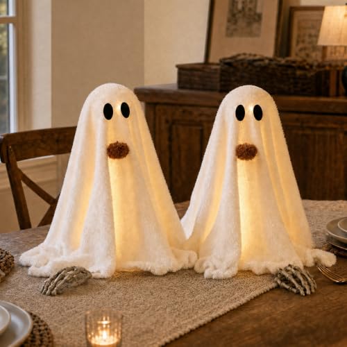 Image of Halloween Decorations-2 Pack Light-Up Sherpa Ghosts with Pumpkin