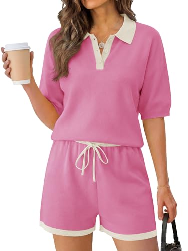 Image of Tankaneo Womens 2 Piece Short Sets Short Sleeve Knit Tops Vacation Outfits | Sweater Fabric, 2026 Summer, Collared, Matching Lounge Set