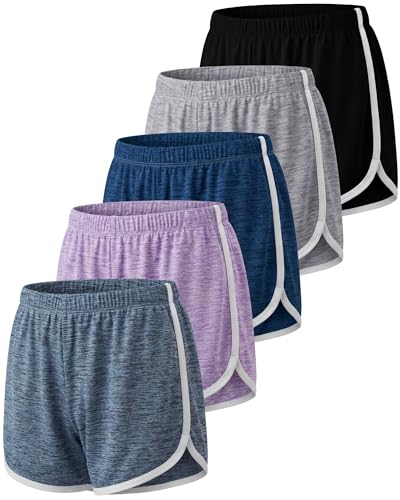 Image of Real Essentials 5 Pack: Girls' Dry-Fit Athletic Dolphin Shorts for Youth Kids Teens Running Gym Sports (Ages 4-16)