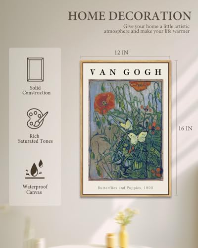Vincent Van Gogh Framed Wall Art Print Butterflies And Poppies Flowers by Van Gogh Canvas Prints Painting Reproduction for Living Room Bedroom Kitchen Office Home Decor 12"x16" Natural Framed - image 2