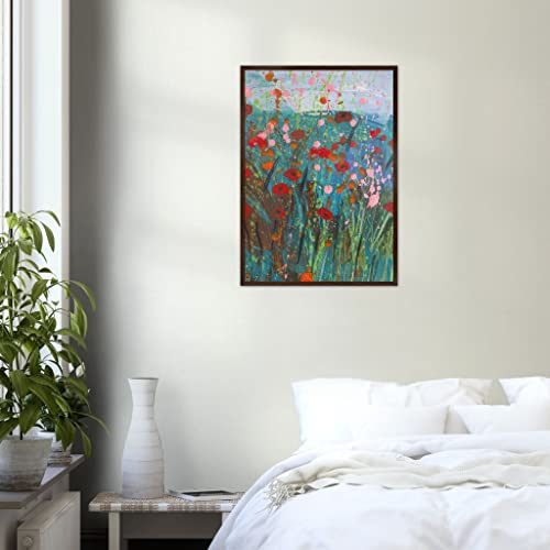 Art mural abstrait coquelicot sous cadre bois foncé pour salon moderne