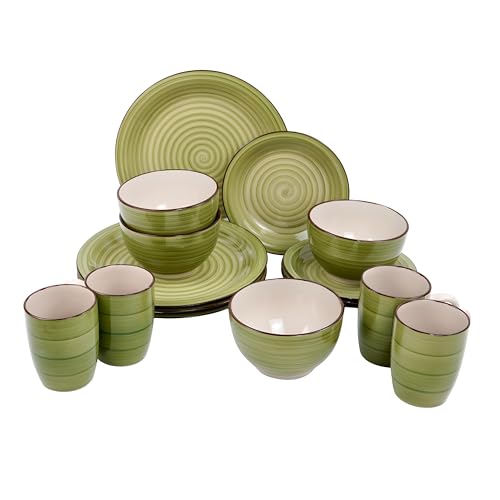 DIVCHI 16 Piece Dinnerware Set Kitchen Dinner Sets For 4 | Dessert Plates | Cereal Bowls | Mugs | Side Plate | Tableware | Combination Sets (Round Dinnerware Set, Green & White)