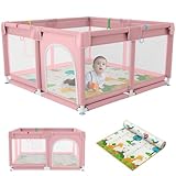 JUPPLIES Parque Infantil Bebe 120x120cm + Alfombra Bebe – Corralito Bebe con Malla Transpirable – Parque de Juegos Bebe Plegable con Puerta Lateral – Playpen Bebe - Rosa
