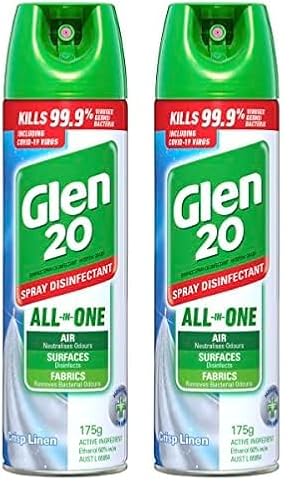 Glen 20 Disinfect Spray Crisp Linen Aerosol Eliminate Odour Disinfect, 175g (Pack of 2)