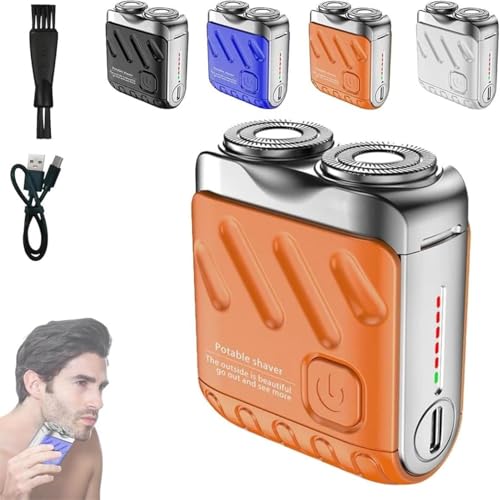 Rasoir électrique rotatif portable à double anneau, rasoir électrique rechargeable magnétique, mini rasoir portatif à en acier, utilisation humide et sèche, LED intelligent (Orange)