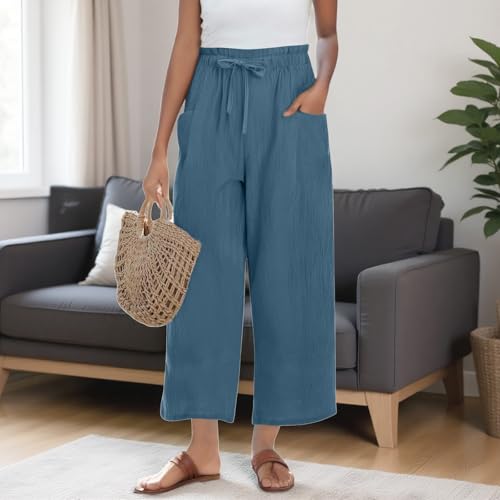 Linen Pants for Women Drawstring Waist Wide Leg Trousers Summer Causal Lightweight Flowy Pants with Pockets