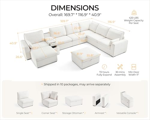 Image of 169.7'' Oversized Modular Sofa Set Cloud Couch with Versatile Console, Side Table with Charging Storage Cup Holder, Hardware Connected, U-Shaped 8-Seater Sectional Couch, Chenille, White