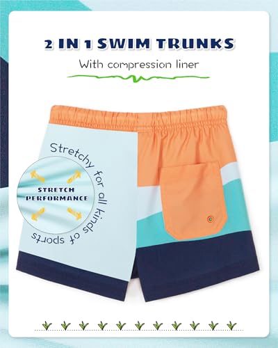 Image of SURF CUZ Boys Swim Trunks with Boxer Brief Liner Toddler Boy Stretch Swimsuit Shorts Quick Dry Swimming Trunks Bathing Suit