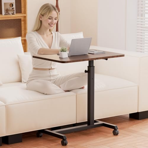 Image of GTPLAYER Small Standing Desk, 24 Inches Foldable Mobile Rolling Laptop PC Table with Lockable Casters, Adjustable Height Overbed Bedside Table Computer Workstation for Home Office, Dark Brown-Foldable