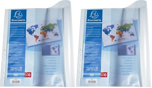Exacompta - Réf. 6205E - Sachet 10 pochettes perforées en PP lisse 9/100ème - A3 pliées en A4 - Perforation universelle 11 trous - Formats à classer A4 et A3 - Incolore (Lot de 2)