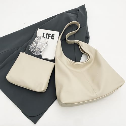 Image of Leather Hobo Bags for Women Slouchy Tote Bag Retro PU Leather Purse Soft Shoulder Handbags Large Work Tote Bag 2pcs