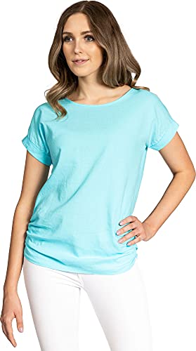 Caspar BLU027 Damen Kurzarm Sommer Leinen Viskose Shirtbluse mit seitlicher Raffung, Farbe:türkis, Größe:44