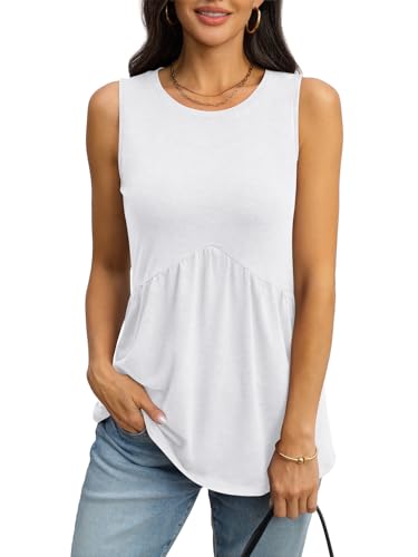 TICTICMIMI Womens Tank Top Sleeveless Babydoll Tops Loose Fit Crew Neck Dressy Blouse Flowy Casual Summer Clothes White — view 2