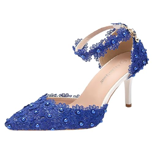 Imagen de Jamron Mujer Elegante Puntiagudo Zapatos Stilettos de Pulsera Encaje Floral Perlas Zapatos de Novia Azul SN0703212-1 EU37