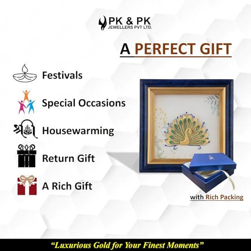 Image of Pk & Pk Jewellers Dancing Peacock with Blue Tabletop | 24KT Gold Square Frame | Extra Small Size [14x14 cm] (For Premium Luxury Gift, Home Decor, Table Decoration)