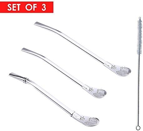 2 in 1 Multi-function Stainless Steel Drinking Straws with Filter Spoon, Free Cleaning Brush Included (Set of 3)