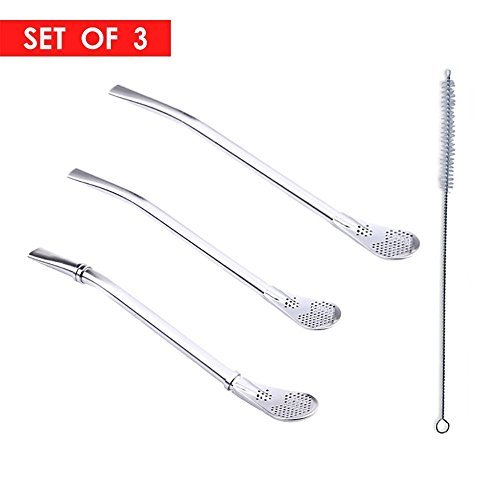 2 in 1 Multi-function Stainless Steel Drinking Straws with Filter Spoon, Free Cleaning Brush Included (Set of 3)