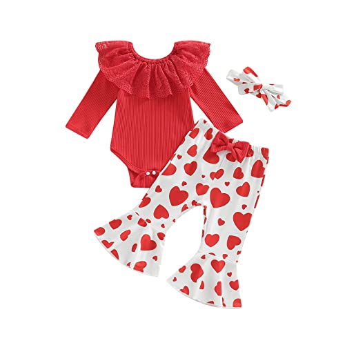Image of fhutpw Newborn Baby Girl Clothes Infant Rib Frill Long Sleeve Romper Flared Pants Headband Set 3pcs Fall Winter Outfits