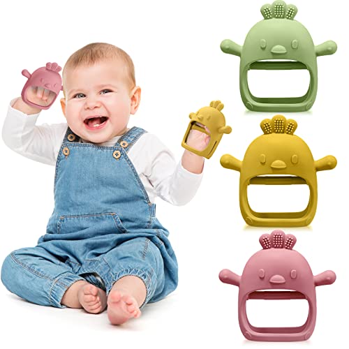 Image of 3 Pack Baby Teether Teething Toys for Babies 0-6 Months Baby Teething Toy Silicone Anti Dropping Infant Hand Teether Pacifiers Wrist Hand Chew Toys for Sucking Needs(Olive Green, Red, Yellow, Chick)