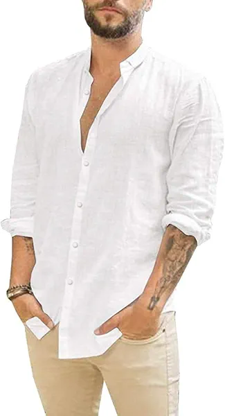 JEKAOYI Mens Casual Long Sleeve Cotton Linen Shirts Buttons Down Solid Plain Roll-Up Sleeve Summer Beach Shirts