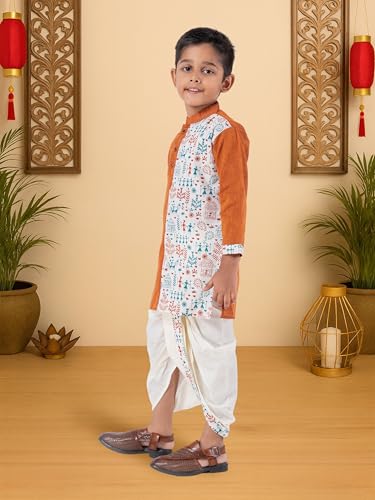 Image of Kids Ethnic Wear - Stylish Half Printed & Vibrant Color Pure Cotton Kurta with Elastic Waist Dhoti Set for Boys