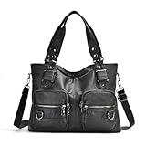 SCOFY FASHION Soft PU Leather Top Handle Shoulder Bags for Women Satchel Multi Pocket Handbag, Black, One Size