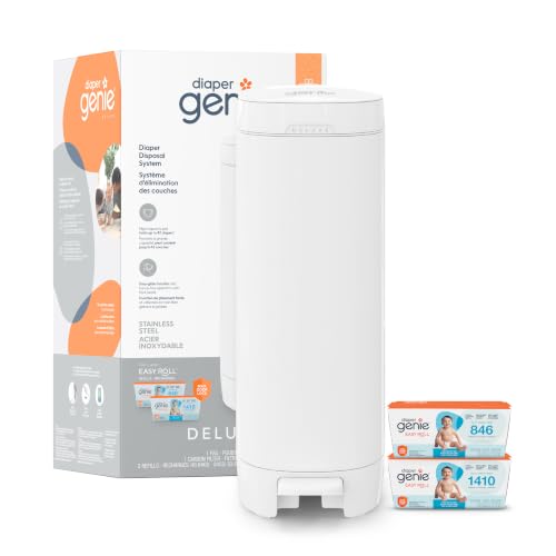 Image of Diaper Genie Deluxe Diaper Pail Gift Set with 2 Easy Roll Refills (48 Bags) | Deluxe stainless steel pail registry gift set includes Easy Roll tear-off bags holding up to 2,256 newborn diapers in total.