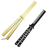 2 Stück Butterfly Schmetterlings Kamm, Edelstahl Faltbarer Taschenkamm, Frühlings für Haar Barberkamm Haarstyling Zubehör (Schwarz+Gold)