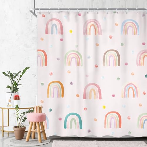 Image of Girls Rainbow Shower Curtain 60Wx72L Inch Kids Boho Pink Polka Dots Cartoon Cute Watercolor Aesthetic Colorful Shower Curtain Bathroom Set Pretty Bath Curtain Bathtub Accessories Home Decor