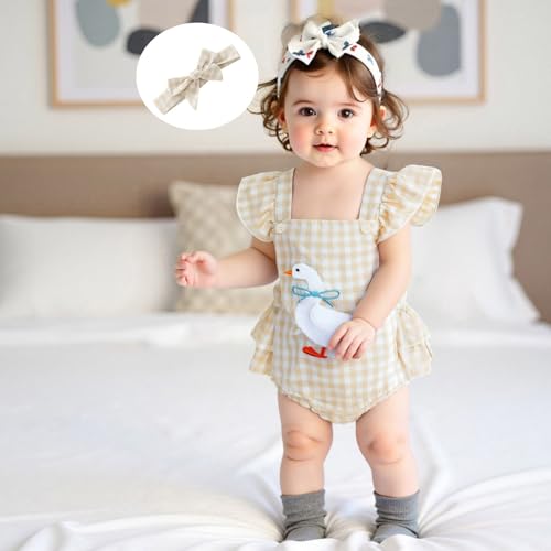 Baby Girl Duck Clothes Newborn Summer Clothes Duck Embroidery Romper Flying Sleeve Plaid Overalls with Headband3