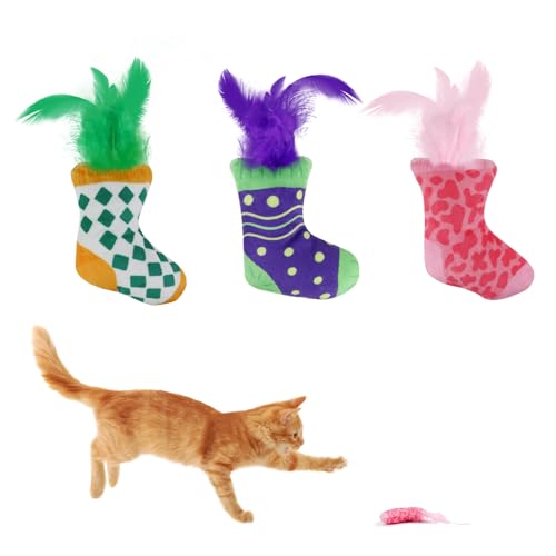 Andiker 3PCS Cat Feather Toys, 4.72 Inches Cats Crinkle Toy with Crinkle Paper Cute Sock Shape Lightweight Interactive Cat Toys for Indoor Cats and Kitten Chewing, Biting, Fetching