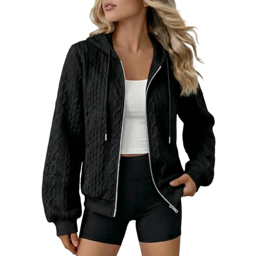 Supcomsta Women's Zip Up Hoodie - Adjustable Drawstring Hooded Sweatshirt, Loose Fit Casual Jacket for Spring & Autumn, Ideal for Running, Cycling (AU, Alpha, X-Large, Regular, Regular, Black)