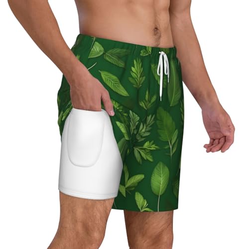 Men's Herb Plant Leaves Print Quick-Dry Mesh Swim Trunks Stretch Lining Beach Shorts Surfing Summer Vacations