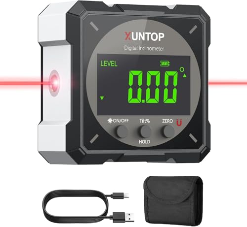 XUNTOP Inclinomètre Numérique 4×90° avec Laser Électronique - Niveau Digital Magnétique 4 Faces Haute Précision ±0,2° IP54 - Outil Rechargeable USB-C pour...
