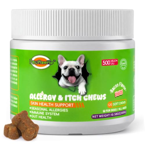 Dog Allergy Itch Chews, Helps Relieve Itchy Skin & Seasonal Allergy Discomfort, Supports Skin Barrier Strength, Healthy Coat Shine & Immune Balance, with Colostrum, Bacon Flavor 120ct