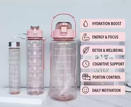 Image of EKAN 3 in 1 Motivational Water Bottles Set 2000 ml, 900 ml, 300 ml Large Capacity Sipper Bottles for School, Office, Home and Gym Use Leak-proof BPA-Free Water Bottles (Pink)