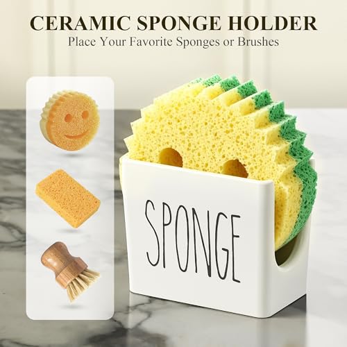 Image of Cisily Kitchen Soap Dispenser Set Comes with Ceramics Sponge Holder, Gold Pumps, and Instant Dry Tray, Hand and Dish Soap Dispenser Set (4, Silver + White + Sponge Holder)