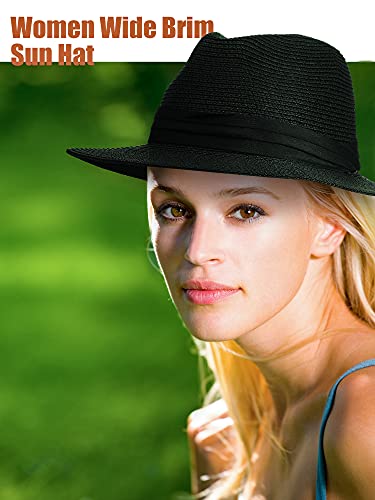 3 Pieces Women Sun Hat Panama Wide Brim Hat Summer Fedora Straw Hat Beach Hat Cap Women Uv Sun Hats Foldable Roll Up Hat For Women #TOP1